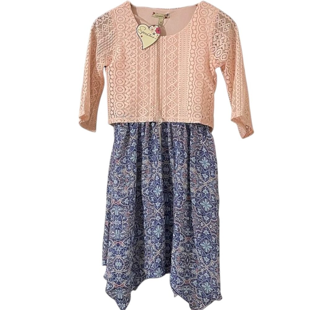 Speechless Girls Long Sleeve Lace Chiffon Hanky Hem Pop Over Dress + Necklace 14 - Picture 3 of 6